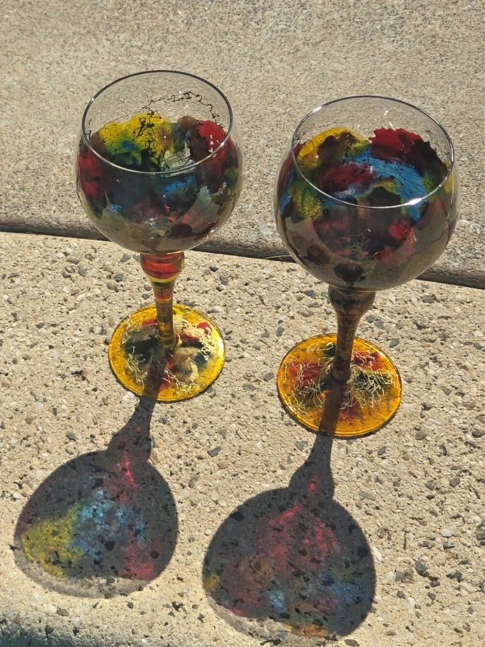 MONACO MONARCH Pair of Abstract Colorful Crystal Balloon Wine Stem Goblets